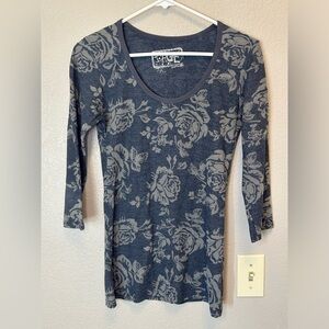 Erge Women's Crew Neck Thermal 3/4 Sleeve Blue Gray Floral Thermal Casual Shirt